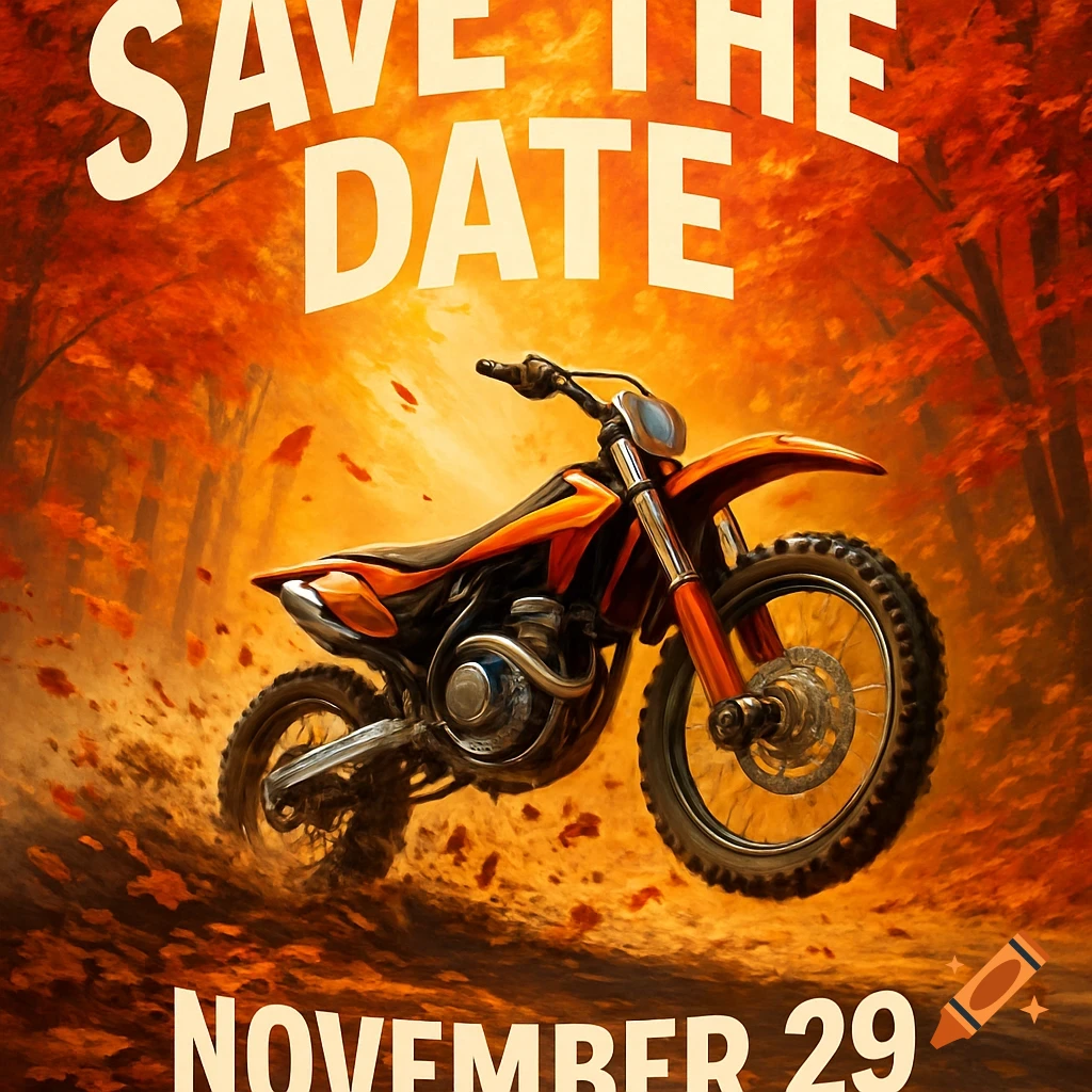 A vibrant orange and black dirt bike kicks up dirt on a trail surrounded by autumn leaves. Text reads 'SAVE THE DATE' and 'NOVEMBER 29'.
