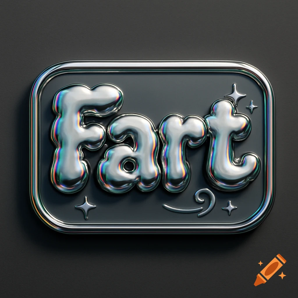 A 3D metallic bubbly text reading 'fart' on a dark rectangular plaque with a chrome border and star decorations.