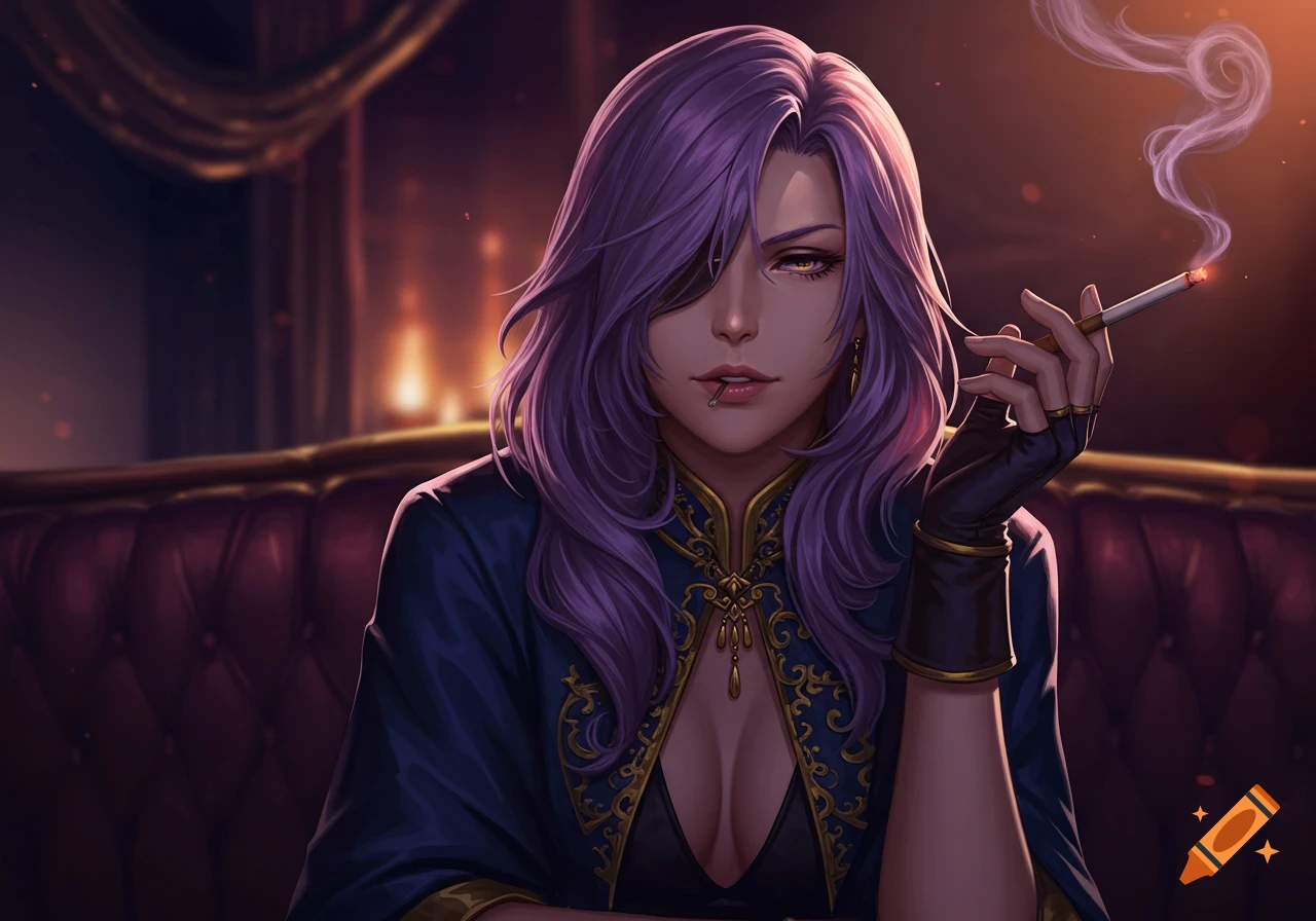 A fantasy art portrait of a woman with purple hair in a blue patterned jacket, smoking a cigarette on a red sofa.