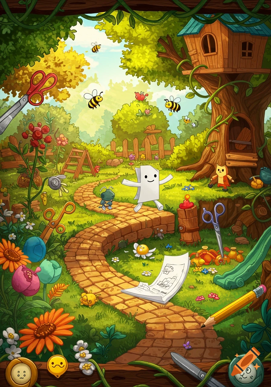 A whimsical cartoon illustration of a vibrant garden path leading to a treehouse, with a happy paper cut-out character, bees, and scattered craft items like scissors and pencils.