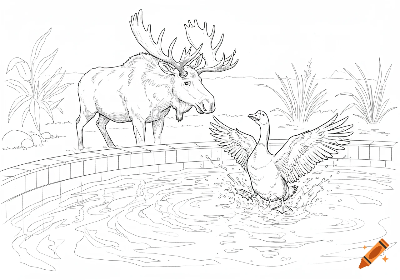 Line art of a moose standing by a pool while a goose splashes in the water with its wings spread.