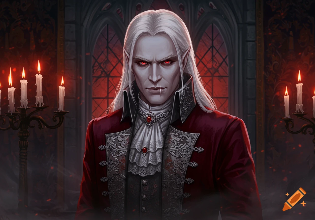 A pale vampire with long white hair, red eyes, and fangs, dressed in a red velvet coat and ruffled shirt, stands in a gothic candlelit room.