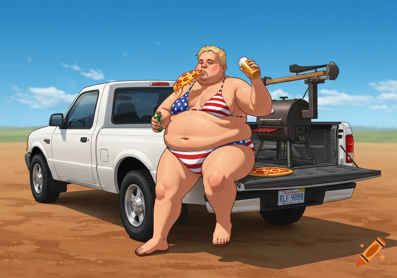 A large man in an American flag bikini sits on a white truck tailgate, eating pizza and drinking beer, with a smoker in the truck bed, in a cartoon style.