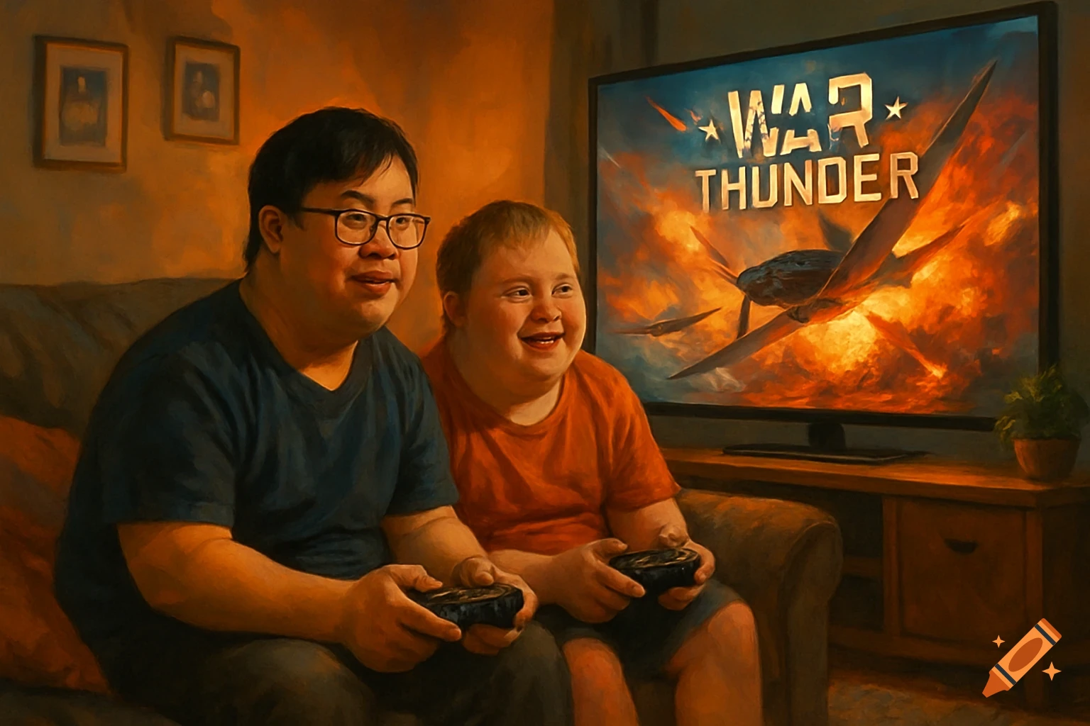 Two men with Down syndrome, one Asian, one white, play War Thunder on a large TV in a living room, painted style.