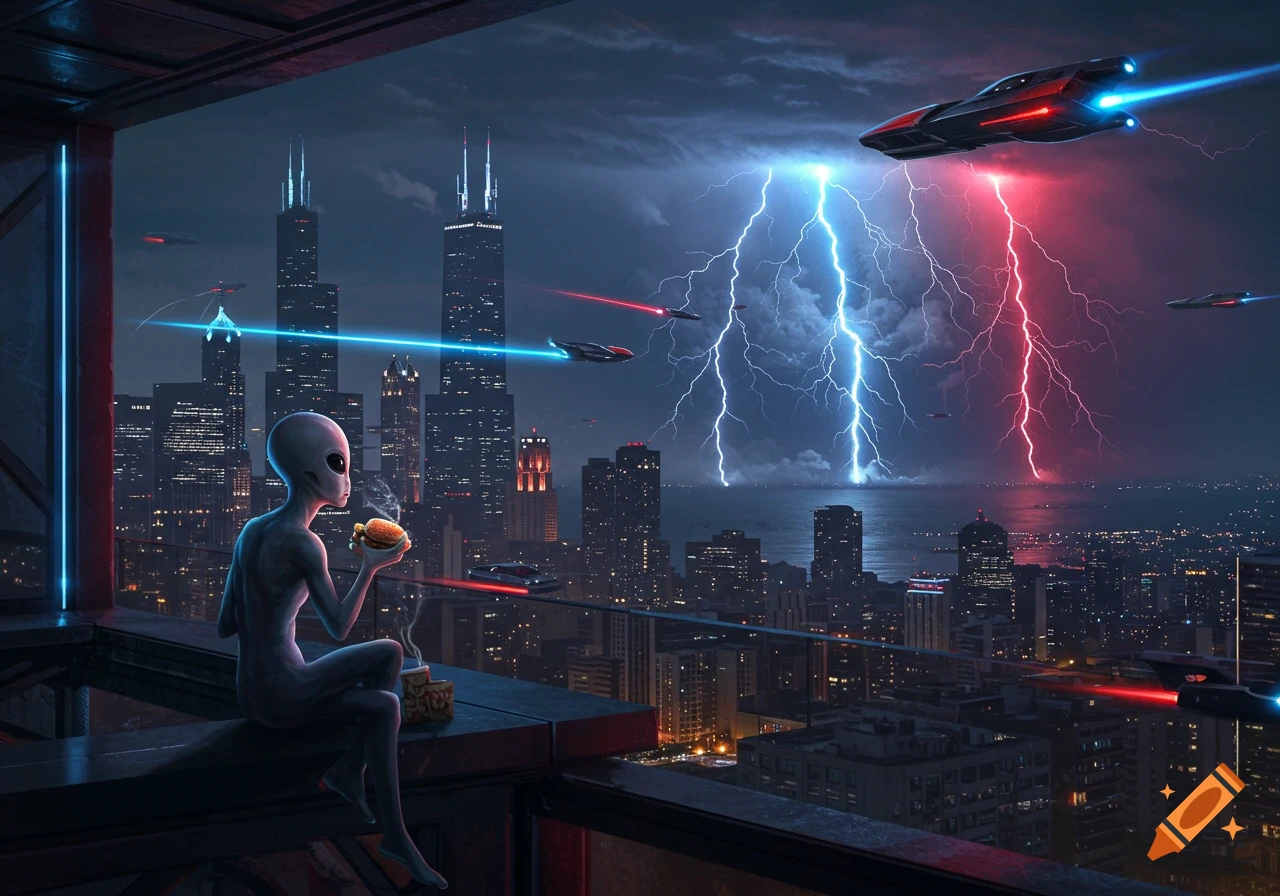A gray alien sits on a high-rise rooftop in a futuristic city at night, eating a burger as flying cars zoom by and dramatic blue and red lightning strikes in the distance.