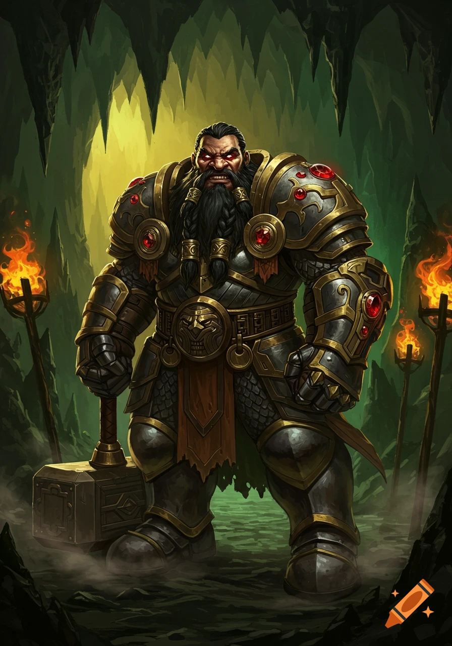 An angry dwarf lord in ornate black and gold armor adorned with red jewels stands in a cave, holding a large war hammer. Torches light the cavern.