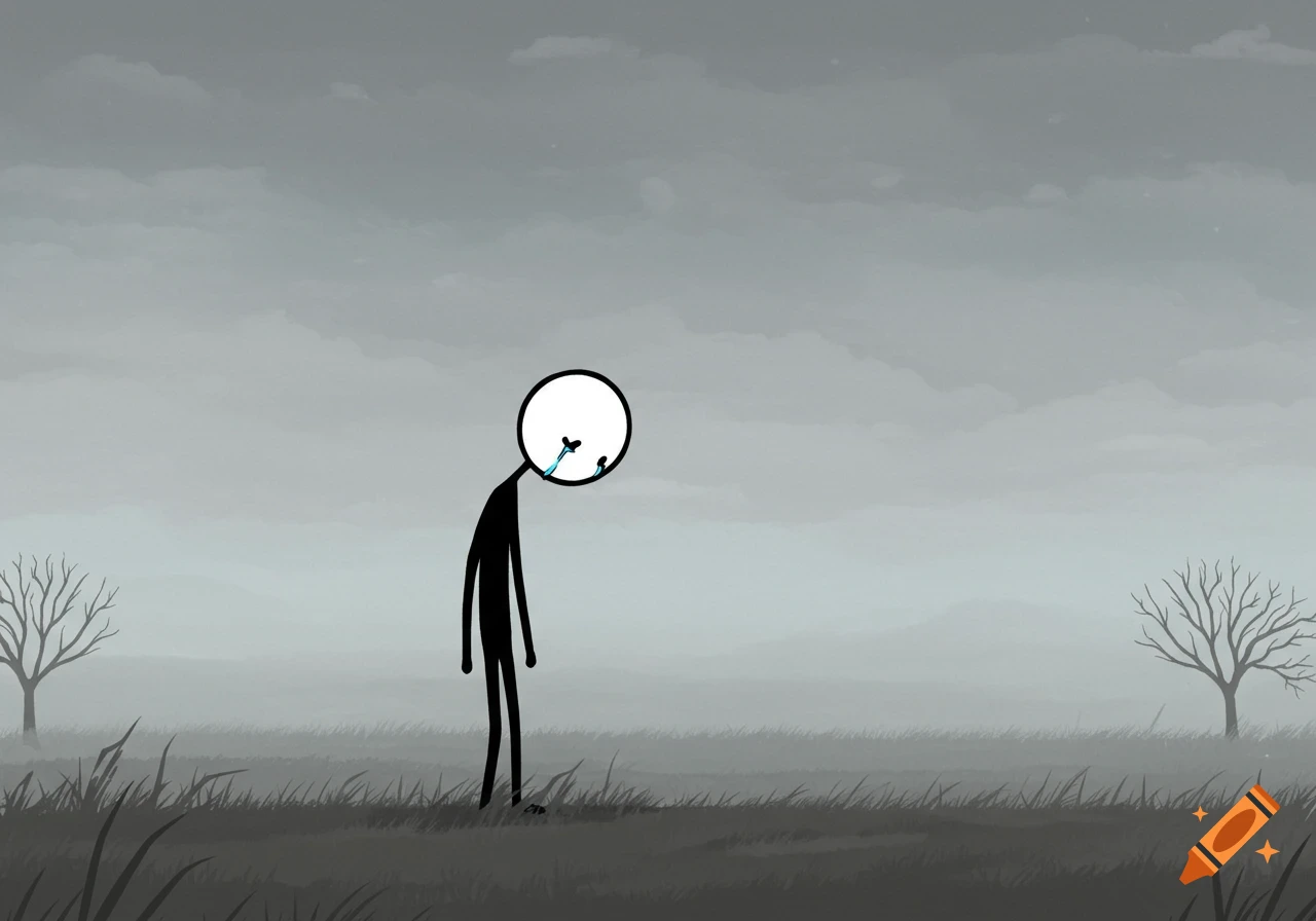 A minimalist cartoon stickman with a round head cries in a desolate, foggy gray landscape with bare trees.