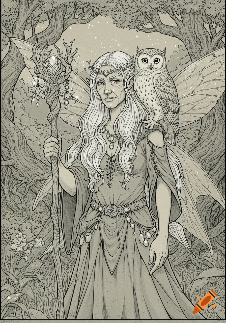 A detailed line drawing of an elder fairy woman with long silver hair, holding a nature staff, and an owl on her shoulder, standing in a forest.
