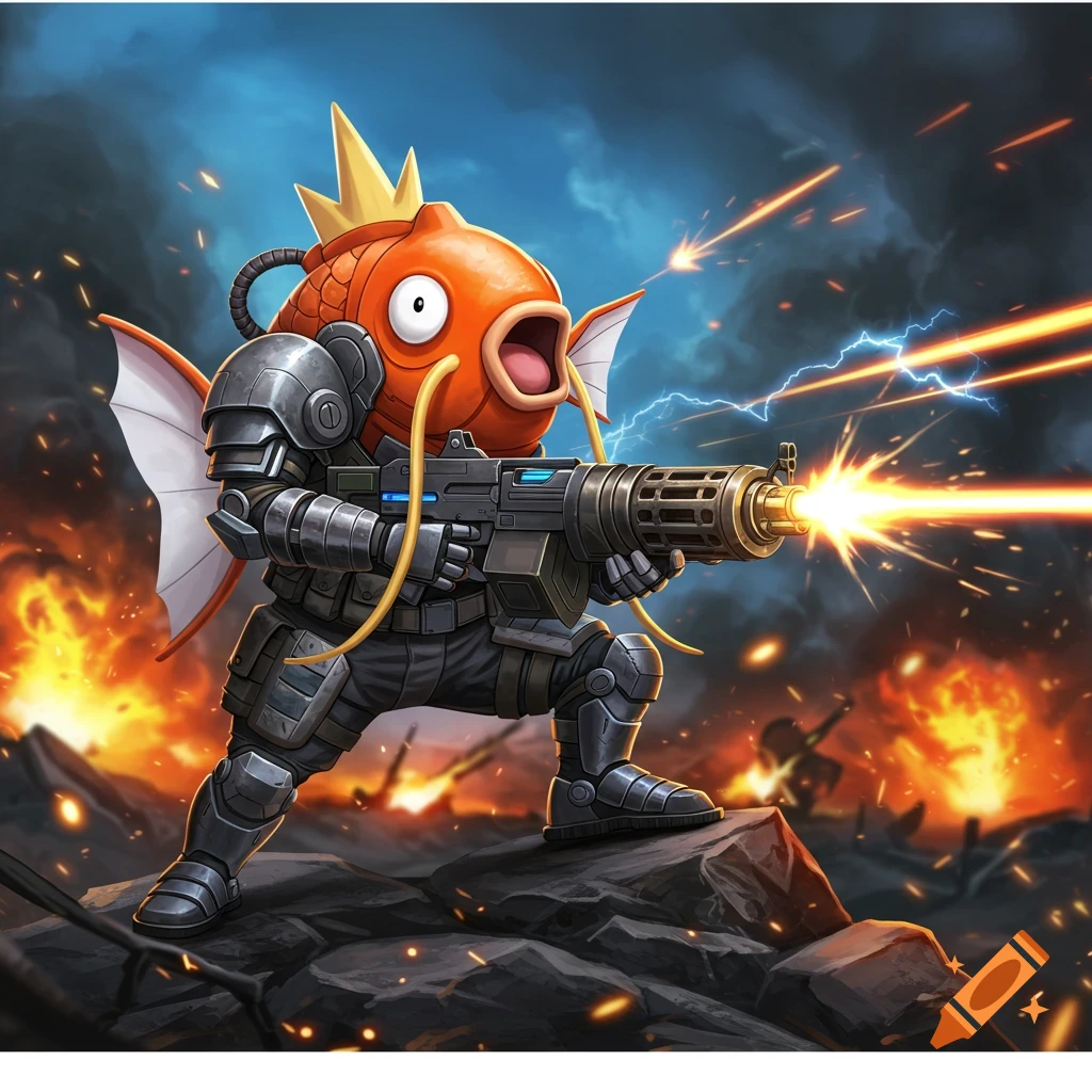 Magikarp Pok mon in battle gear fires a machine gun amidst explosions and smoke in a war zone, digital art.