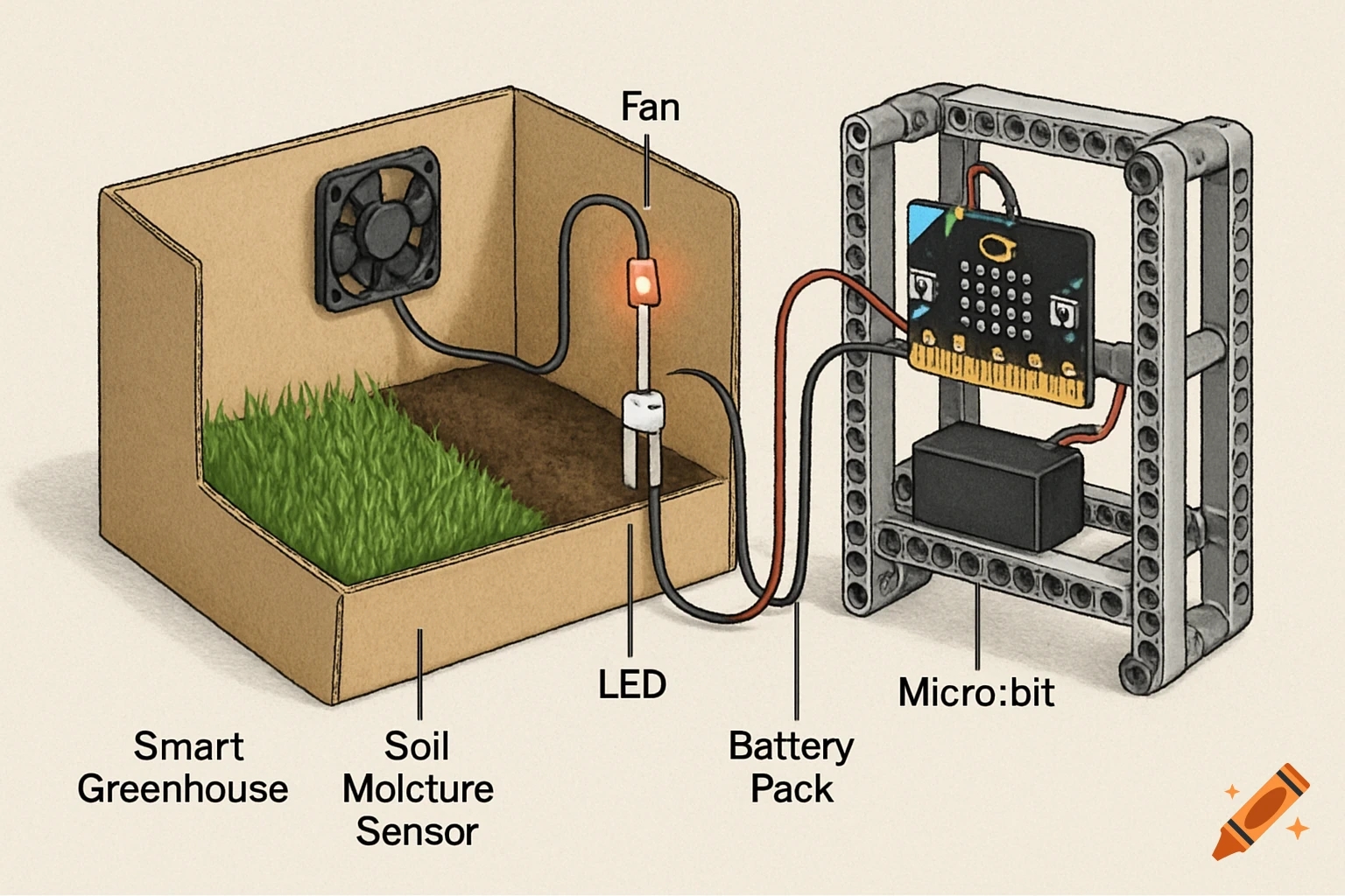 Diagram of a smart greenhouse system with a cardboard box, fan, soil moisture sensor, LED, Micro:bit, and battery pack.