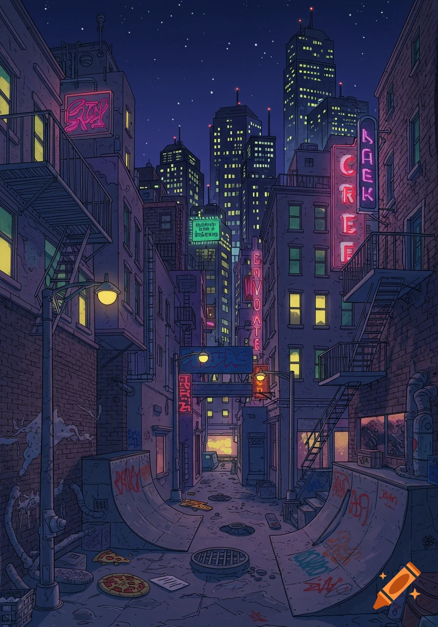 Cartoon night scene of a gritty city alley with neon signs, tall buildings, and graffiti-covered skate ramps, reminiscent of 80s cartoons.