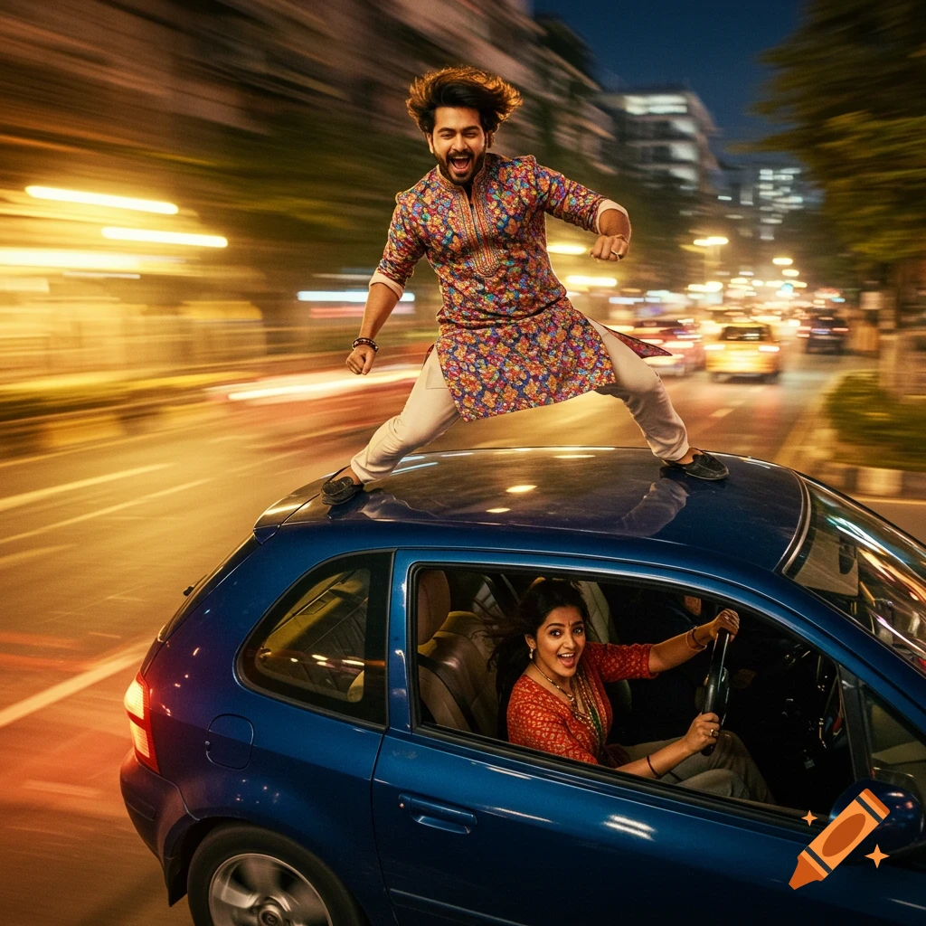 A man stands joyfully on the roof of a blue car while a woman drives it through a bustling city street at night, motion blur in the background.
