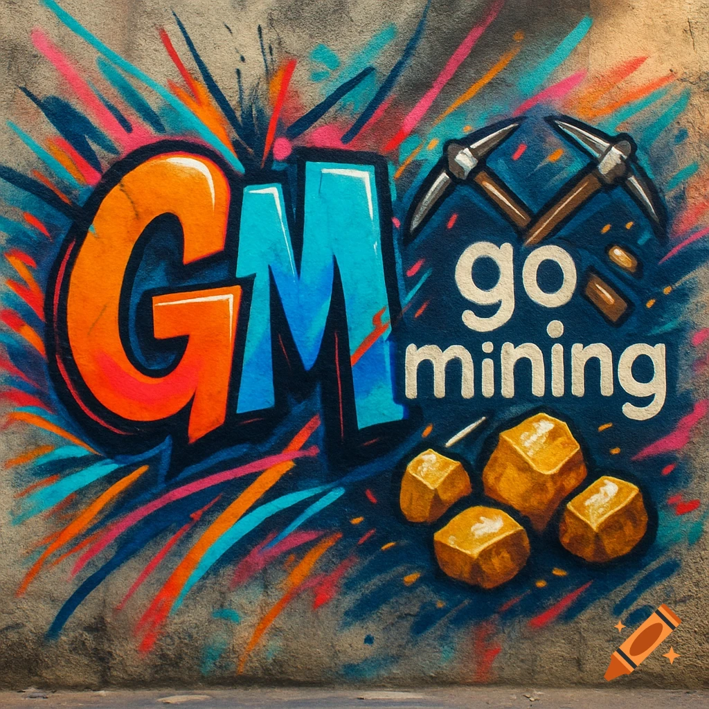 Vibrant graffiti mural with GM in bubble letters, 'go mining' text, crossed pickaxes, and gold nuggets on a concrete wall.