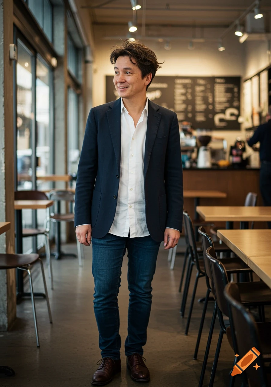 A man in a blue blazer and jeans stands smiling in a cafe with tables and a menu board.