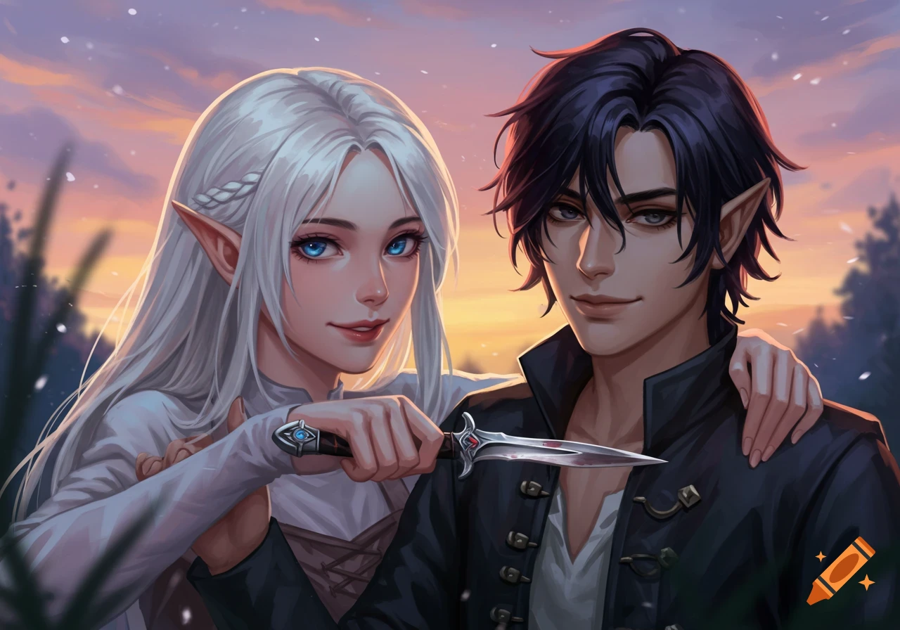 A white-haired elf woman holds a dagger towards a dark-haired elf man as they smile against a sunset sky.