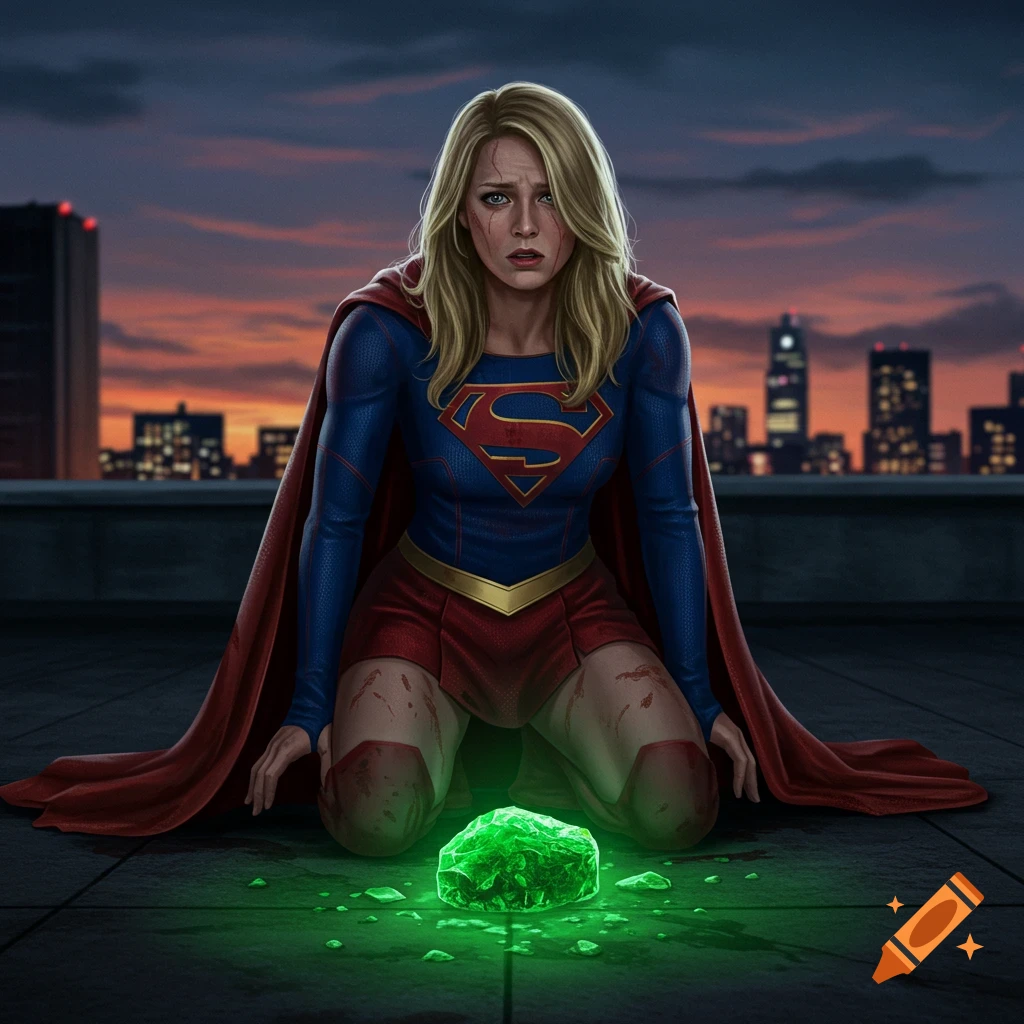 Supergirl kneels on a rooftop at sunset, distressed, looking at a glowing green piece of kryptonite in front of her.
