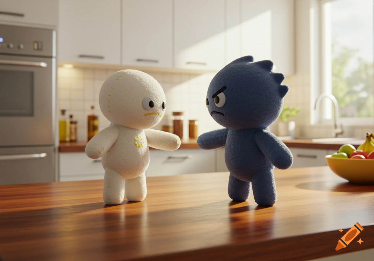 A white plush toy and a blue plush toy with angry faces stand on a kitchen counter, appearing to argue.