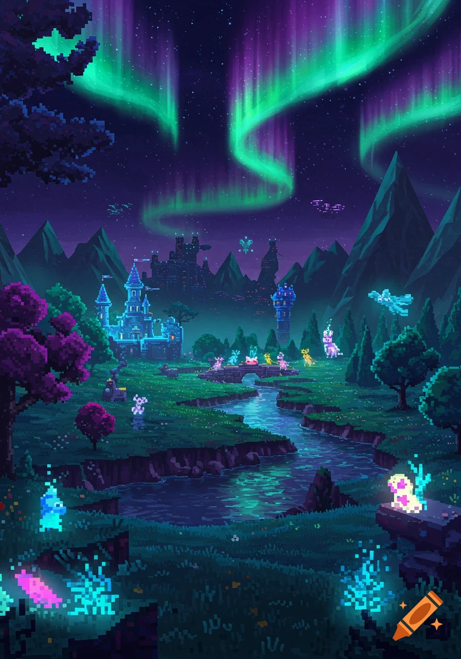 A vibrant pixel art fantasy landscape at night with a blue castle, river, glowing creatures, and aurora borealis in the sky.