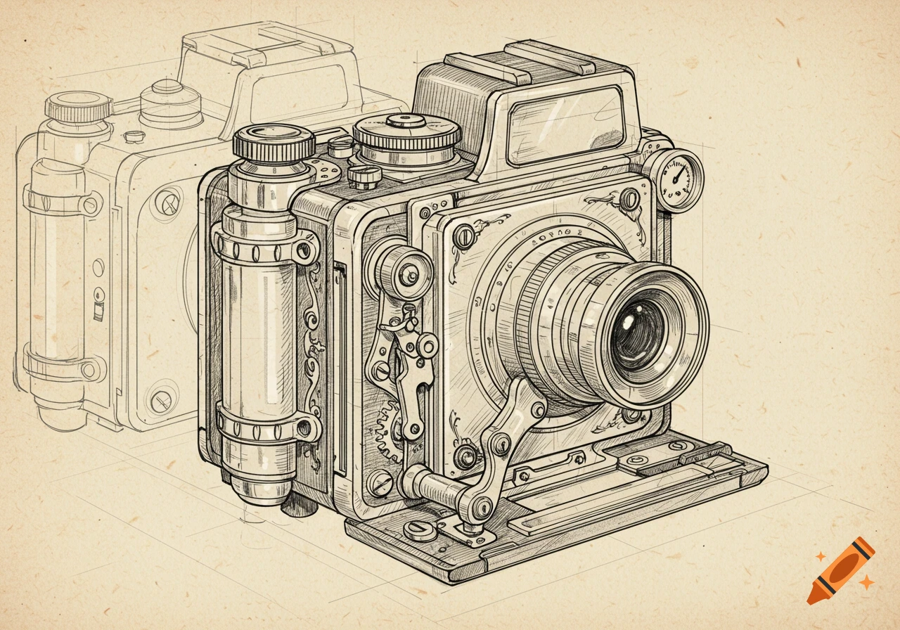 A detailed line art sketch of a steampunk camera with intricate Victorian gears and mechanical details.