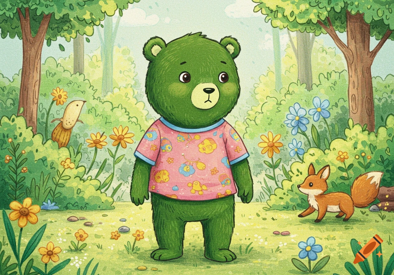 A green bear in a pink patterned shirt stands in a lush forest with flowers, a bird, and a fox, in a colored pencil style.