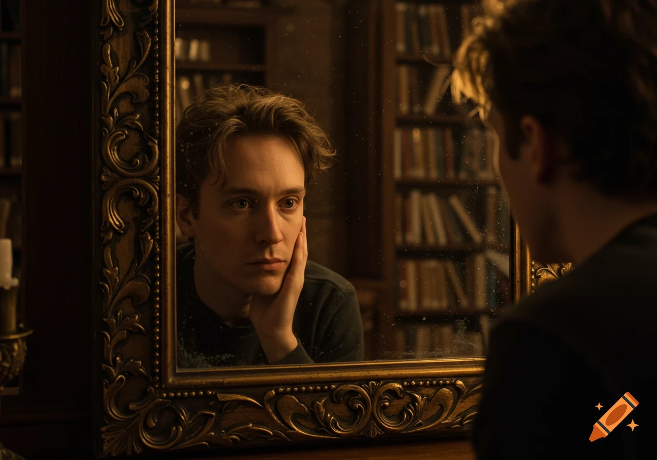 A man gazes at his reflection in an ornate mirror within a dimly lit room with bookshelves.