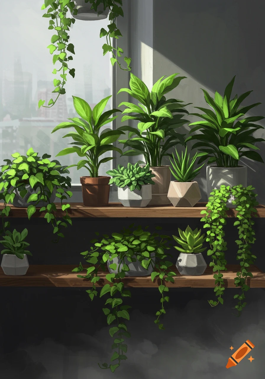 A collection of green potted plants on a wooden shelf next to a window with a blurred city view, in a digital painting style.