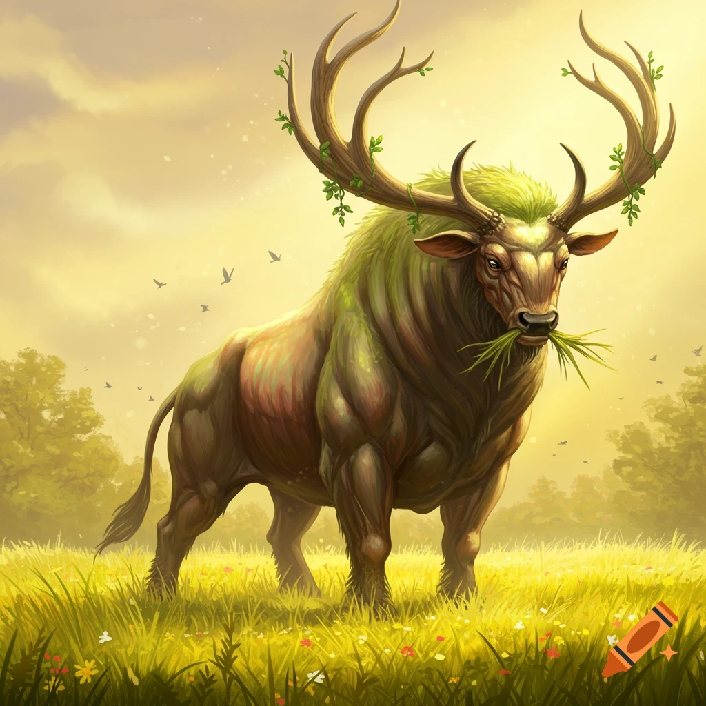 A powerful, green, bull-like fantasy creature with large antlers and leafy vines stands in a sunny, grassy field, eating grass.