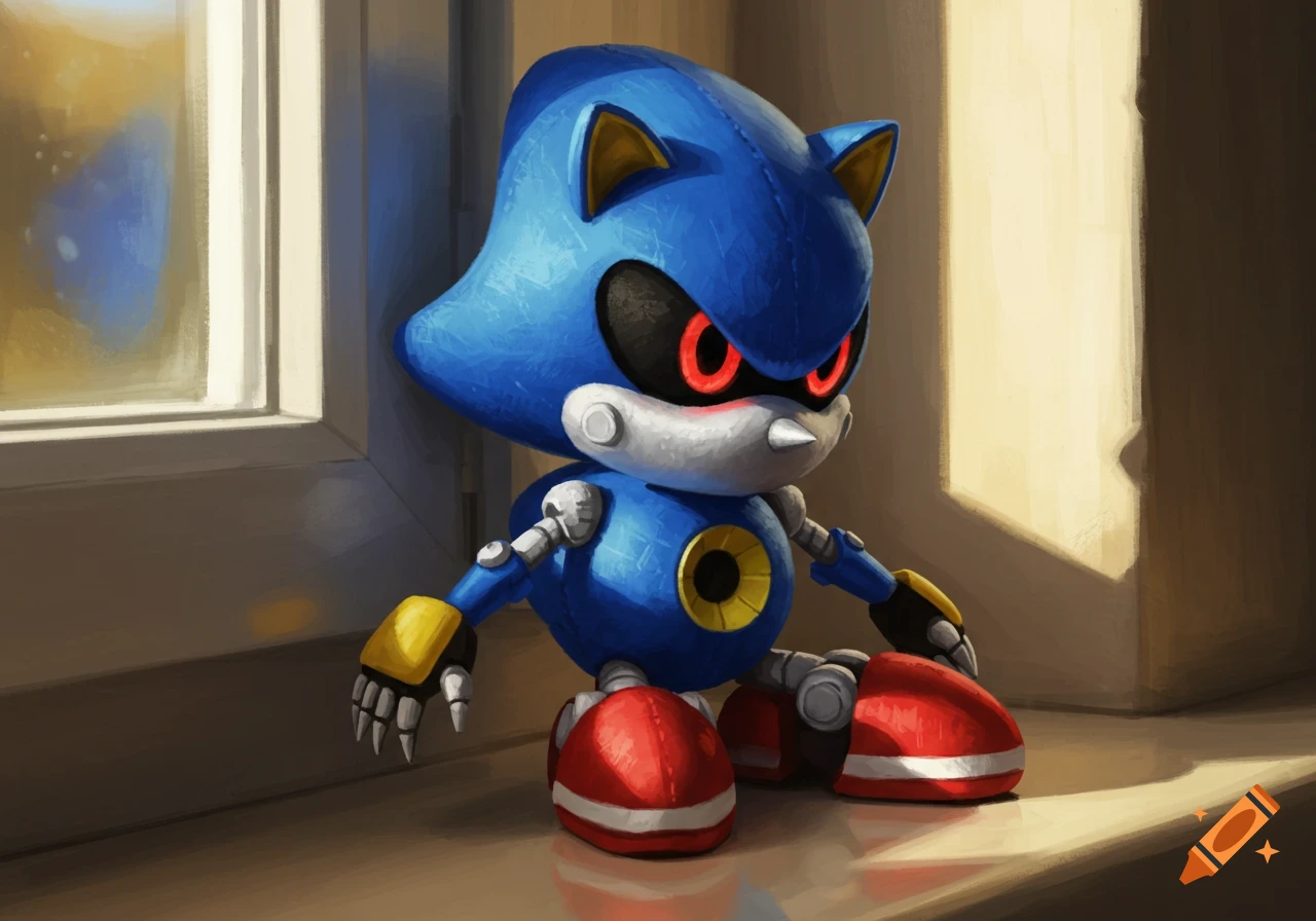 Digital painting of a blue Metal Sonic plush toy with red eyes sitting on a windowsill bathed in warm light.