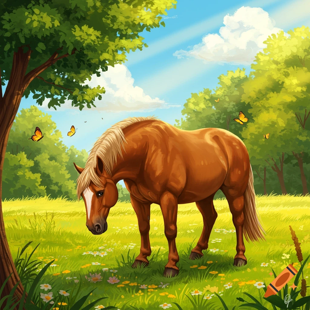 An illustrative brown horse with a blonde mane grazes in a sunny green field with wildflowers and butterflies.