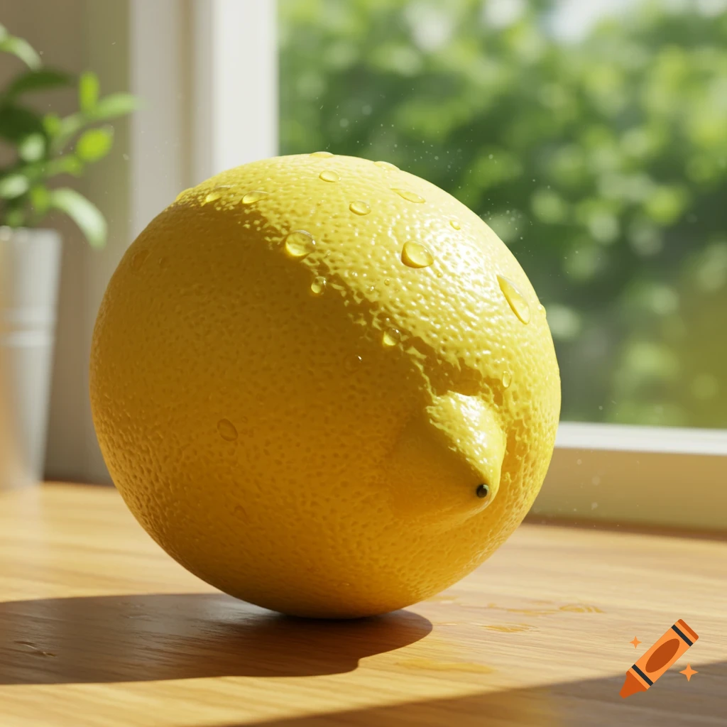 A photorealistic lemon with water droplets on a wooden surface, sunlight filtering through a window in the background.