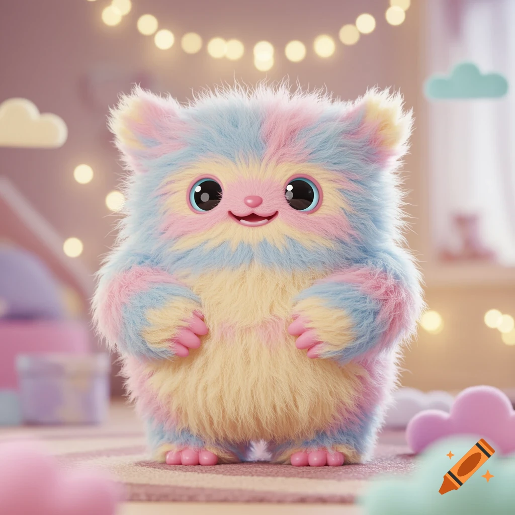 A cute, fluffy monster in pastel pink, blue, and yellow with big eyes and a smile, in a soft, bright room with string lights.