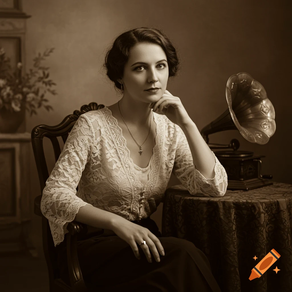 A sepia-toned portrait of a woman in vintage clothing sitting in a chair next to a gramophone.