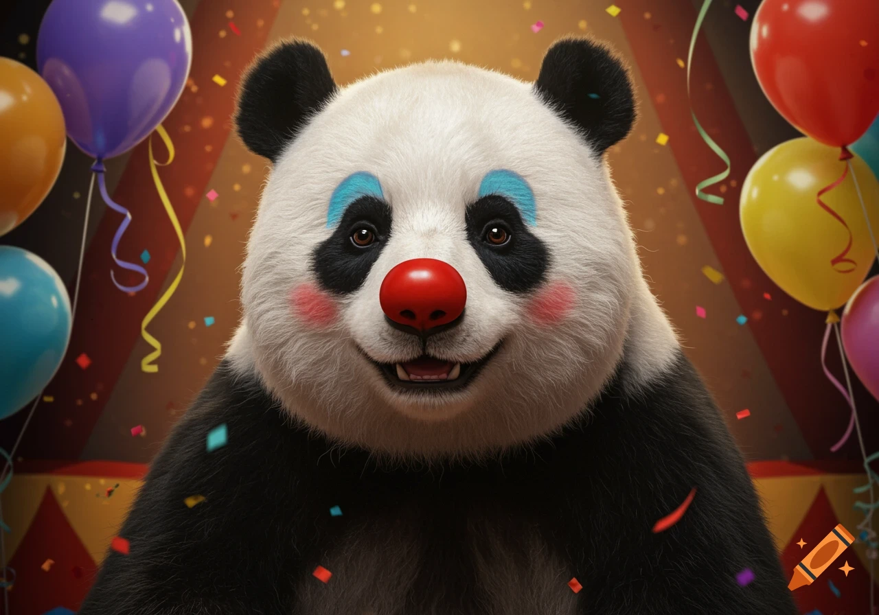 A realistic panda wearing colorful clown makeup, including a red nose, blue eye shadow, and pink cheeks, smiling in a circus tent background with balloons and confetti.