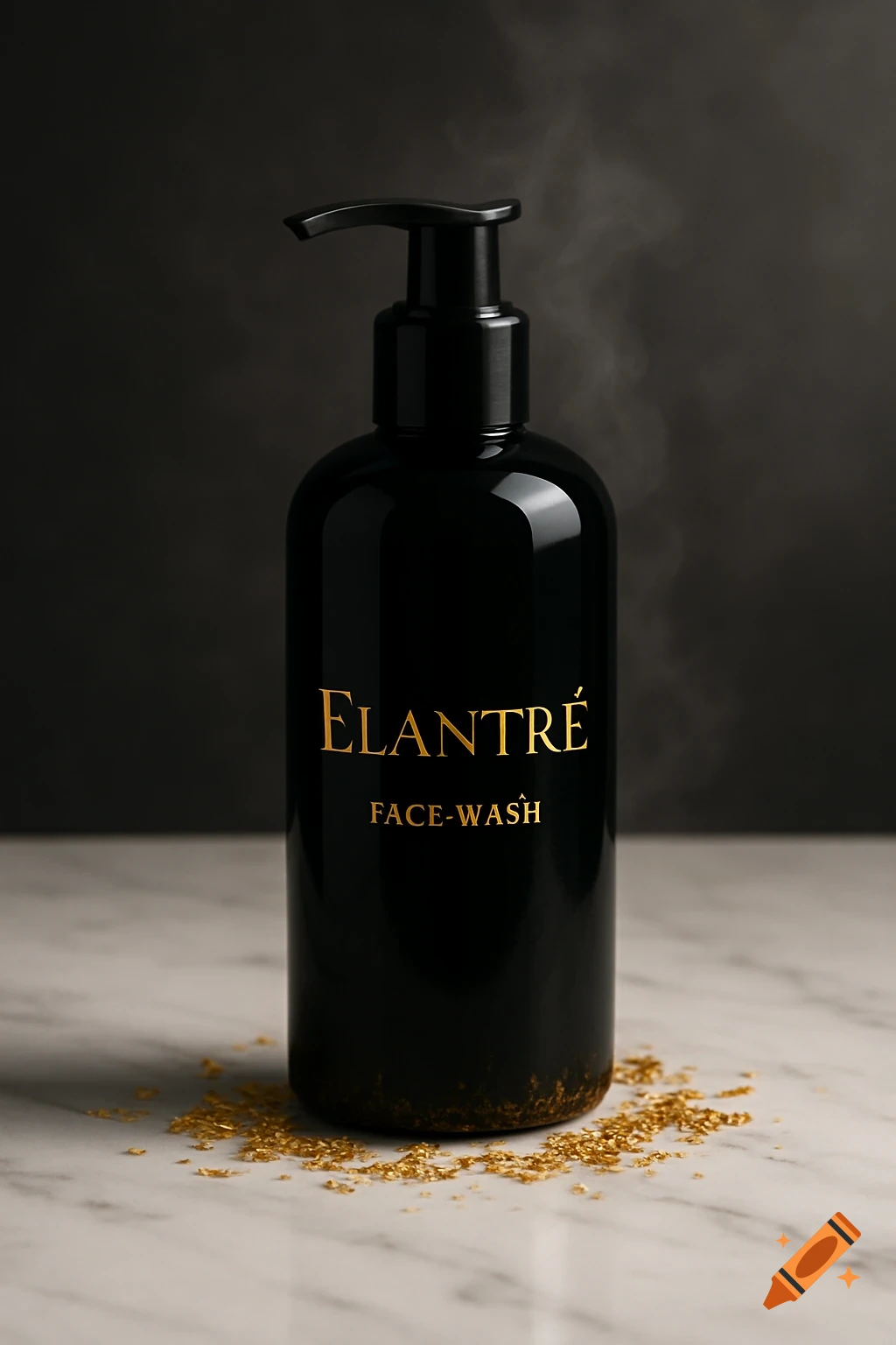 A sleek black bottle of Elantré face wash with gold text sits on a marble surface with gold flakes, against a dark background.