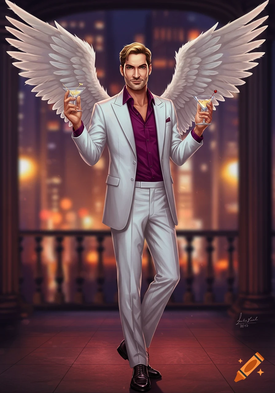 A handsome man with blonde hair and large white wings, wearing a white suit and purple shirt, holds two martini glasses against a city night backdrop in a stylized art style.