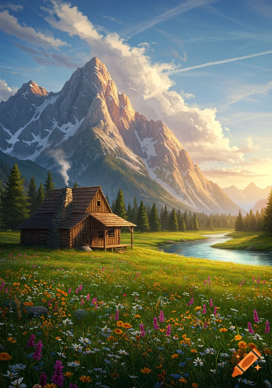 A picturesque landscape featuring a wooden cabin nestled in a vibrant wildflower meadow next to a river, with a majestic sunlit mountain under a blue sky.