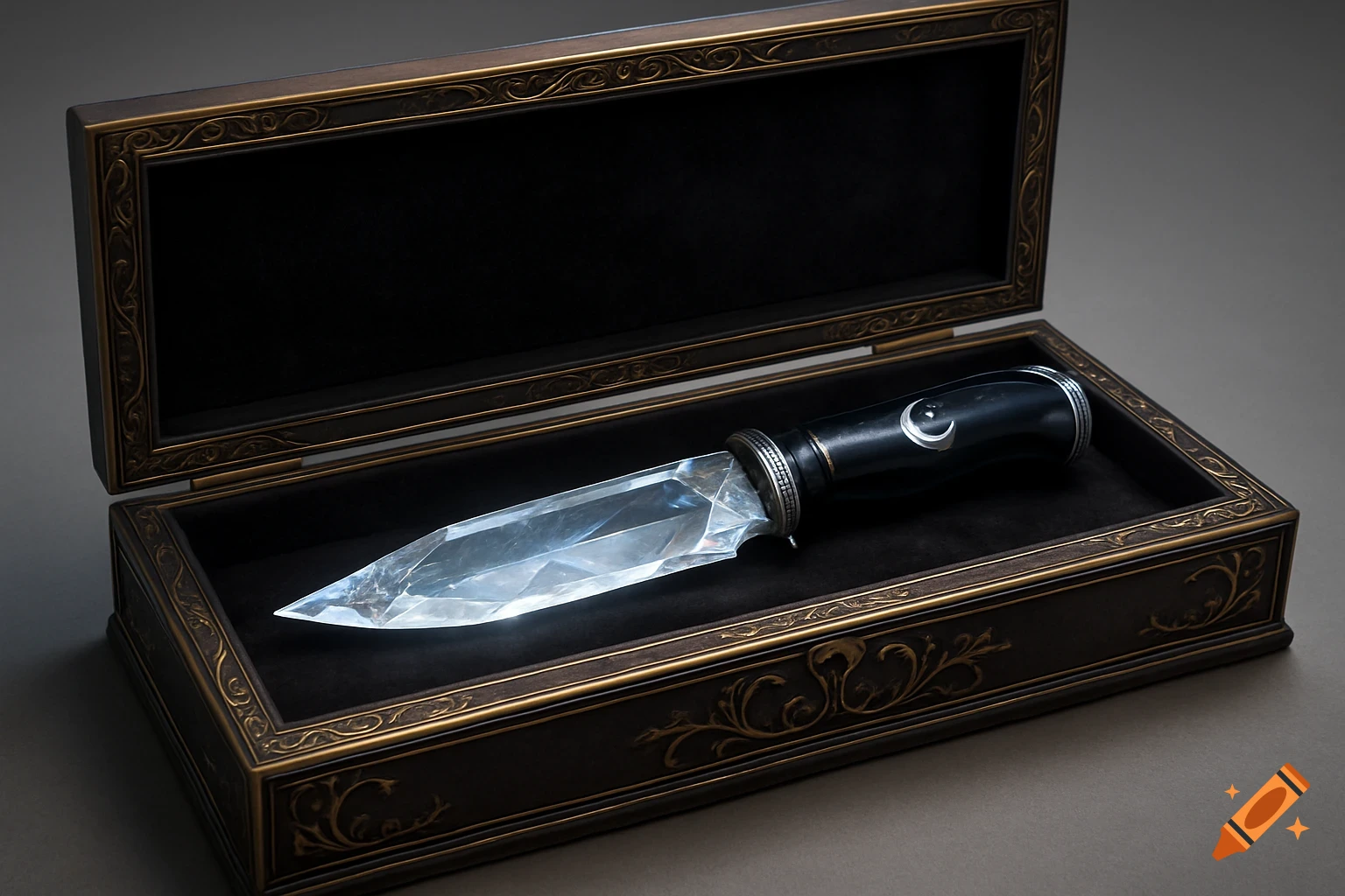 A clear, faceted crystal-bladed knife with a black handle featuring a silver crescent moon rests inside an open ornate wooden box lined with black fabric.