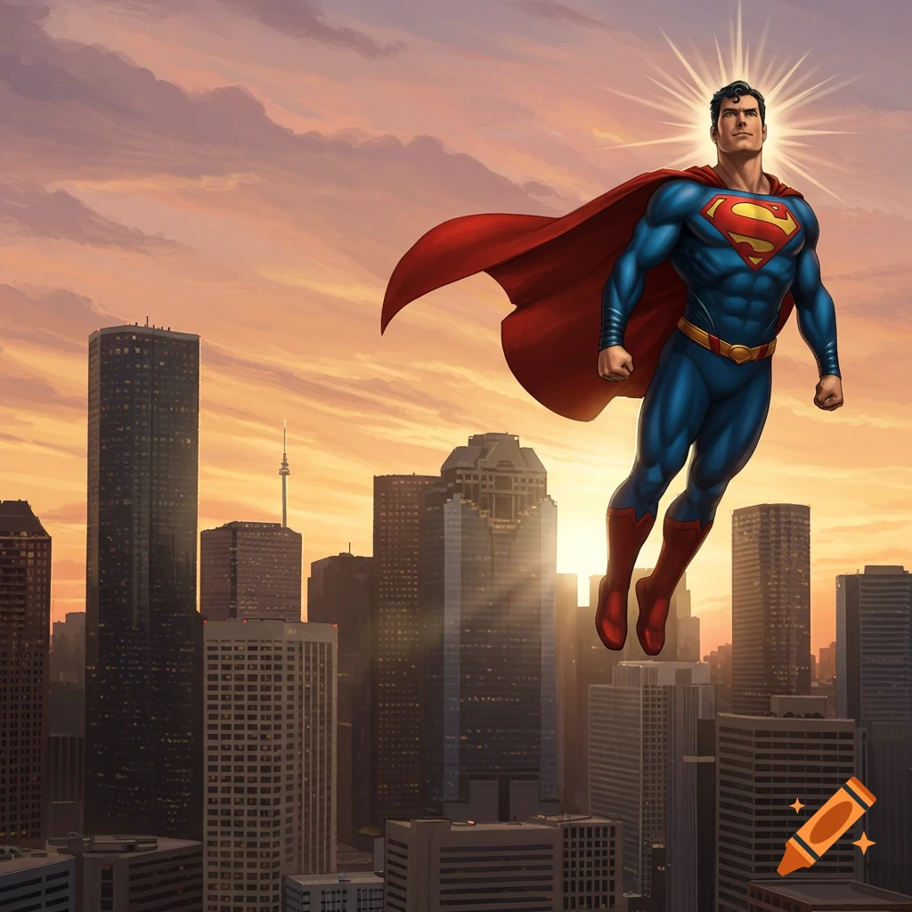 Superman in his classic blue and red suit flies above a city skyline at sunset, light radiating from behind his head.
