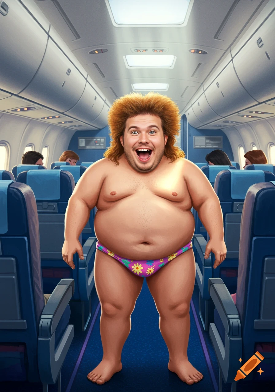 A large man with a blonde mullet and a pink floral speedo stands in the aisle of an airplane, smiling widely.
