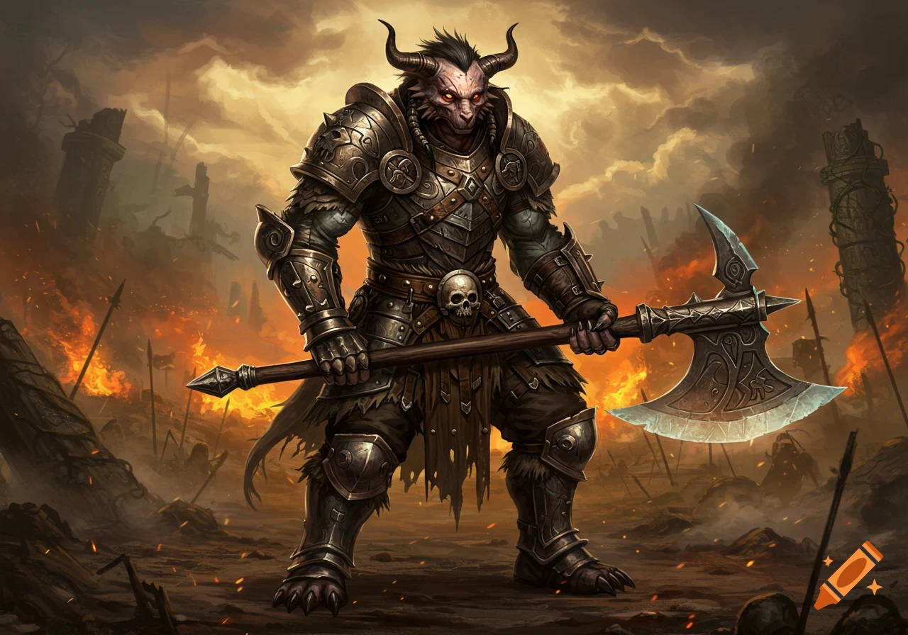 A powerful horned beast in full plate armor wields a massive axe on a fiery, desolate battlefield.
