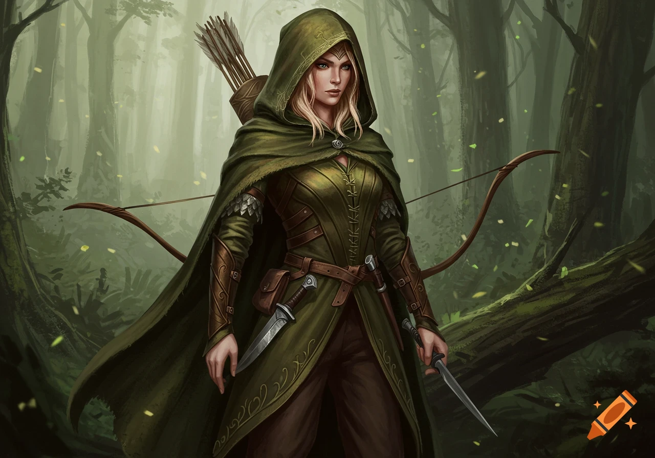 A blonde wood elf archer in a green hooded cloak and brown leather armor stands in a misty forest, holding a dagger.