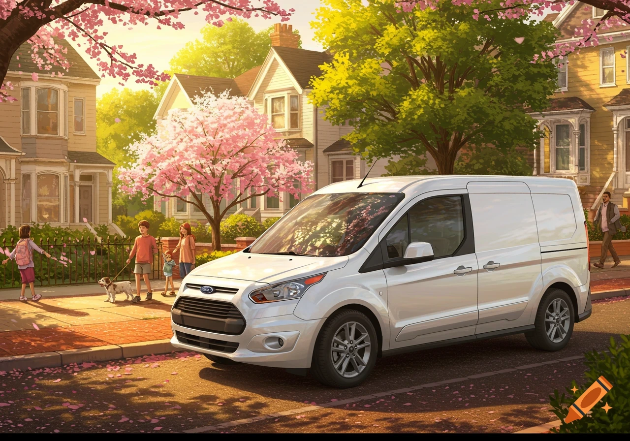 A white Ford Transit Connect van parked on a street in a vibrant neighborhood with pink cherry blossom trees and people walking.
