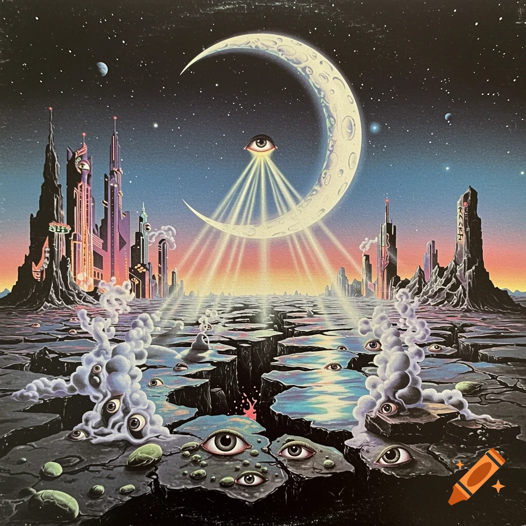 A vibrant, surreal landscape with a crescent moon casting beams of light, an alien city, cracked ground filled with water and many eyes, and distant planets.