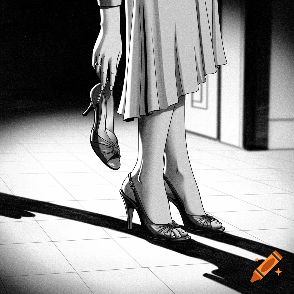 Black and white drawing of a woman in a dress holding one high heel while wearing another.