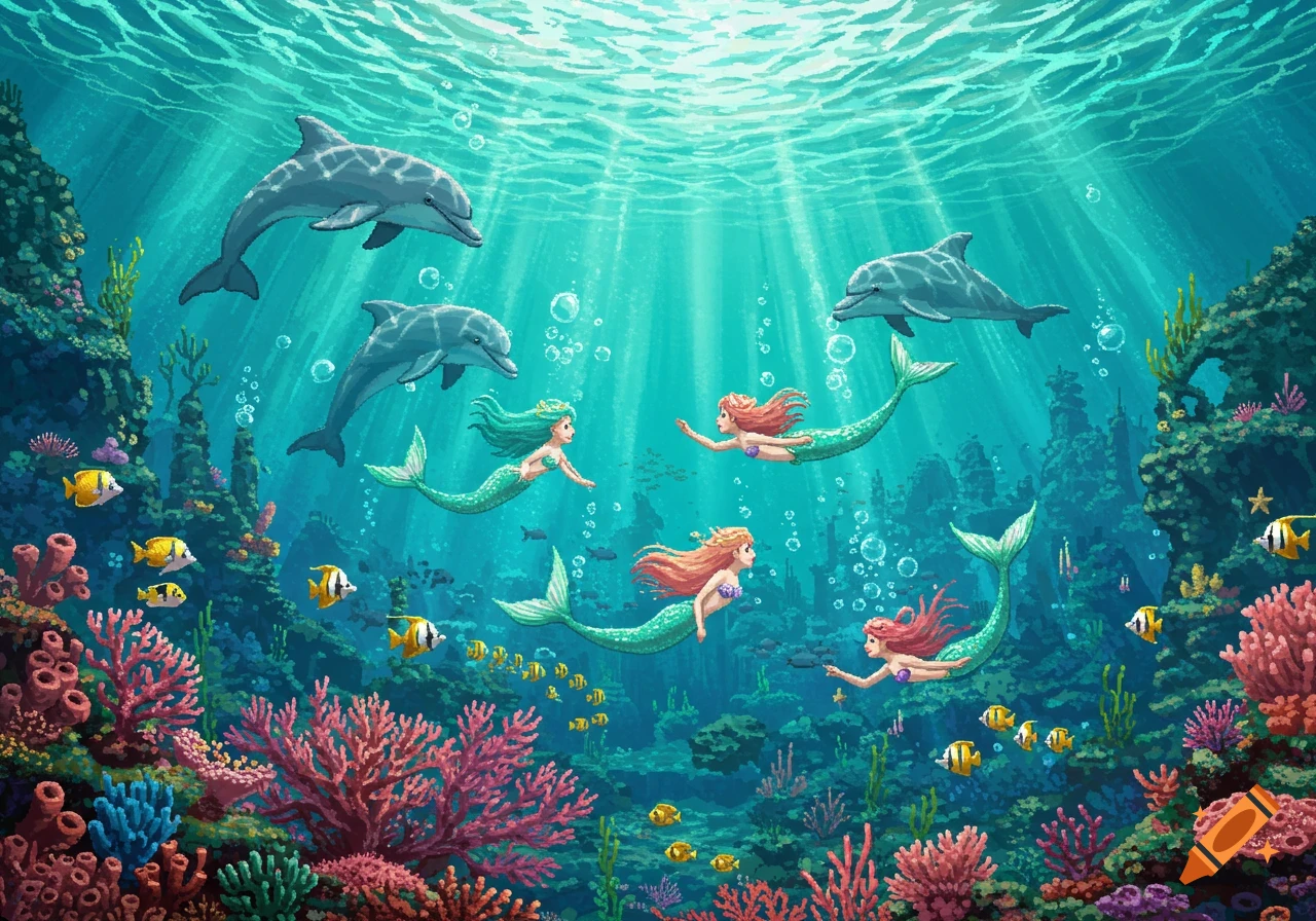 Mermaids and dolphins swim among vibrant coral reefs in a pixel art style, with sun rays piercing the turquoise water.