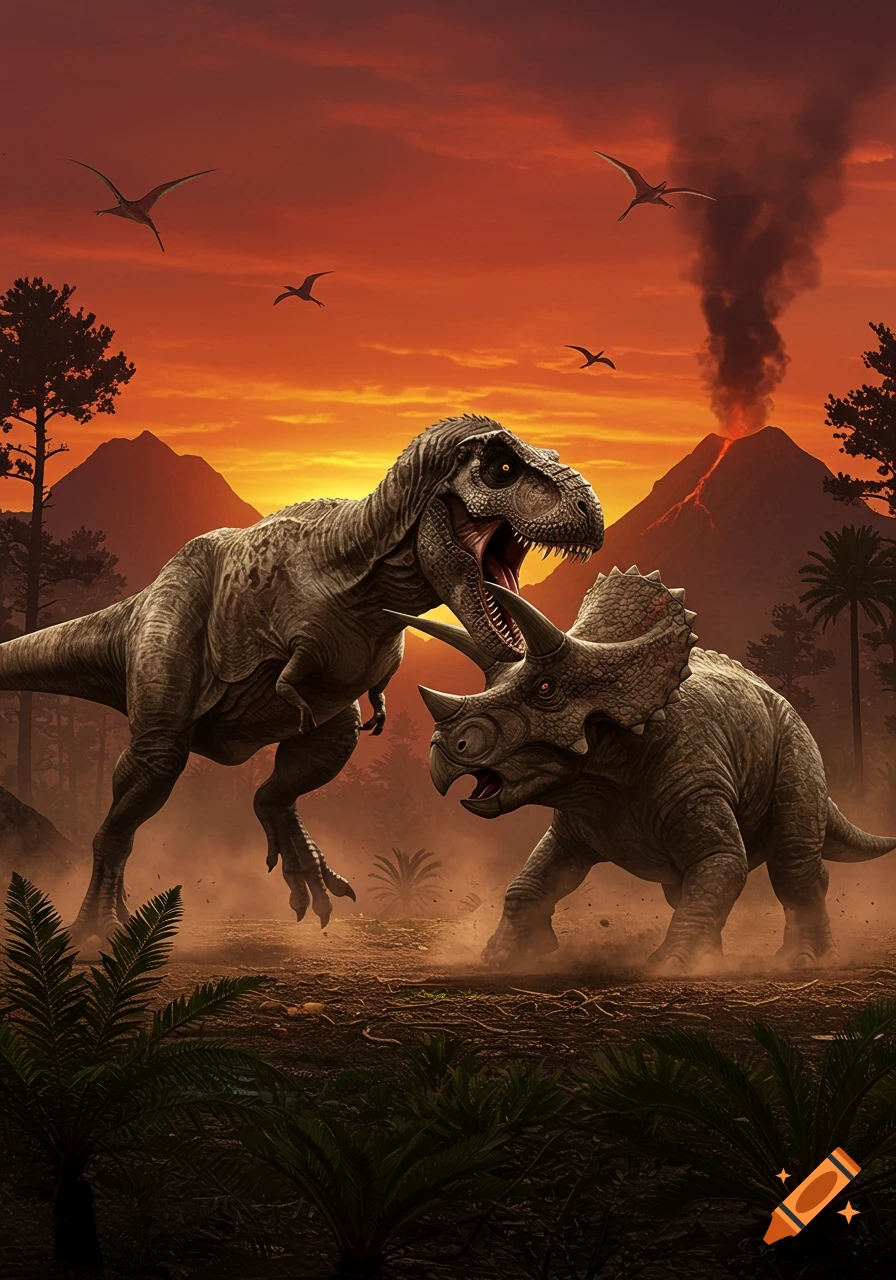 A T-Rex and Triceratops battle in a dusty prehistoric landscape with erupting volcanoes and a vibrant orange sky.