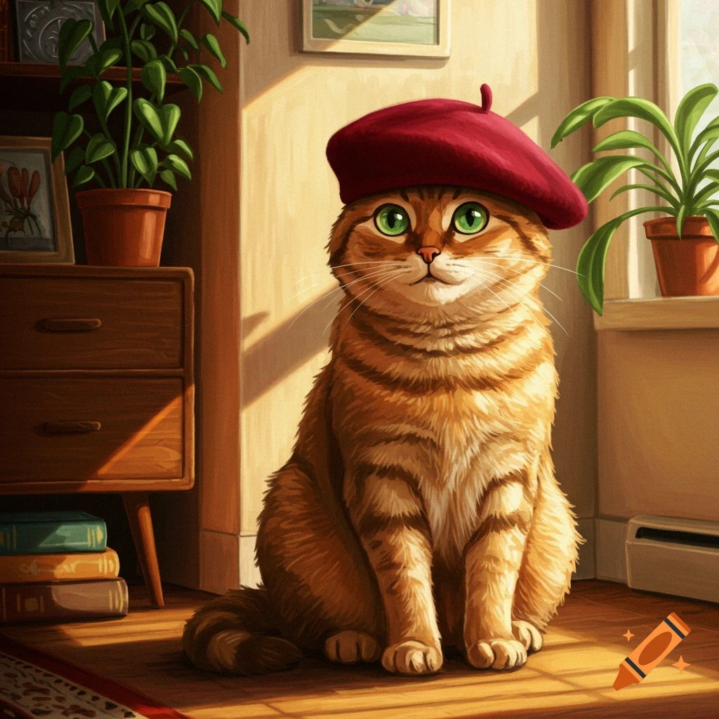 A ginger cat with large green eyes wears a red beret, sitting in a sunlit room with potted plants and furniture. Illustration.
