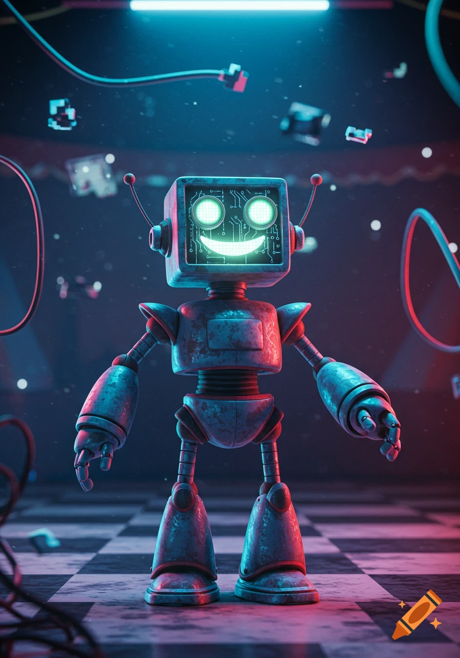 A smiling, rusty robot with glowing green LED eyes and circuits on its face stands on a checkerboard floor in a dark, neon-lit digital circus.