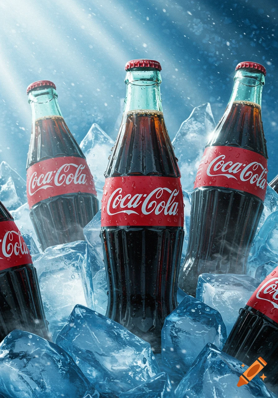 Several glass Coca-Cola bottles submerged in ice cubes with water droplets, under bright, frosty lighting.