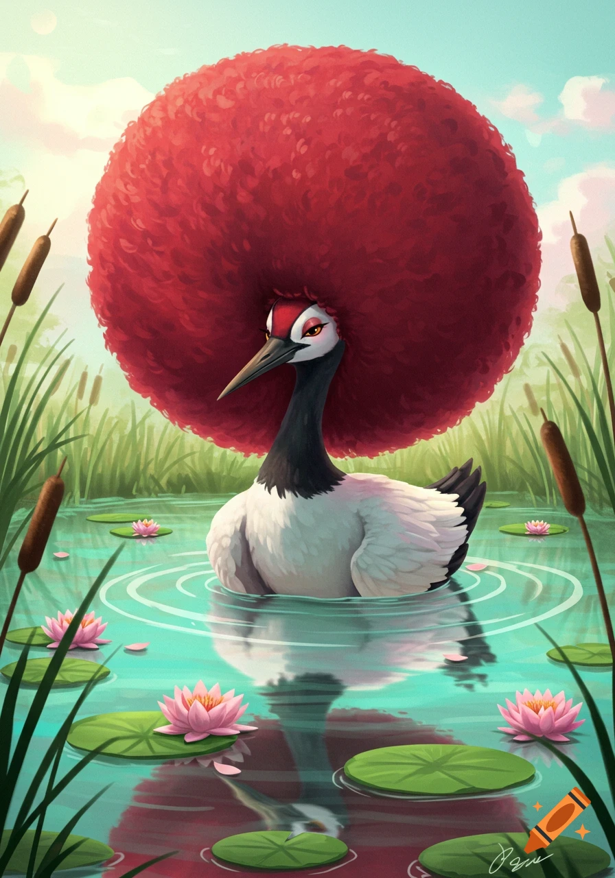 A whimsical 2D art illustration of an anthropomorphic crane with a giant red afro in a pond with water lilies.